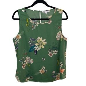 DR2 Green Floral Sleeveless Tank Top. Size L. Button back neck closure.